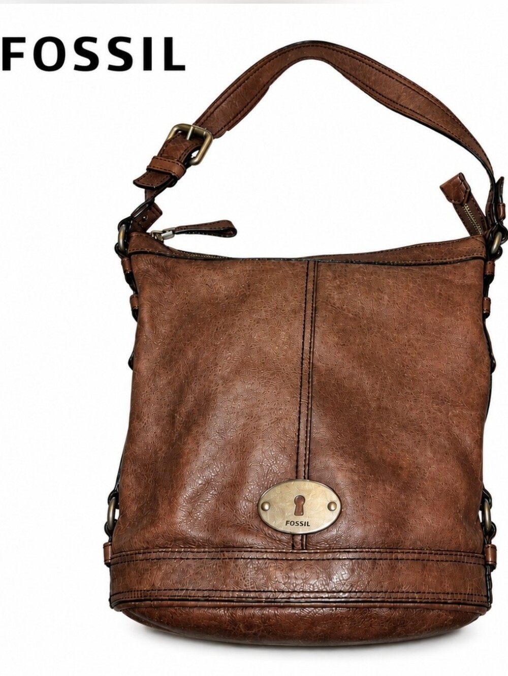 Vintage Fossil Maddox Brown Leather Bucket Hobo Shoulder Bag  Size:Large